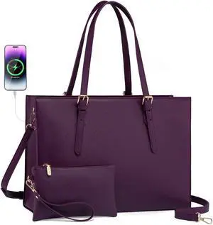 LOVEVOOK 15.6 Inch Laptop Bag for women, Large Waterproof PU Leather Work Briefcase with USB Charging Port Casual Computer Shoulder Messenger Fashion Business Office Tote Handbag Purse, Purple