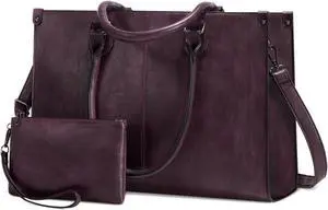 LOVEVOOK Laptop Tote Bag for Women, 15.6 Inch Large Capacity Vintage Leather Work Computer Bag, Business Casual Shoulder Handbag, Fuchsia