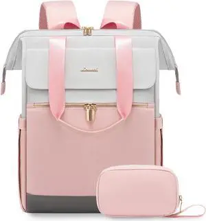 LOVEVOOK Laptop Backpack for Women, 15.6 Inch Work Laptop Bag with USB Port, Fashion Teacher Nurse Backpack Purse, Waterproof Travel Computer Backpack with Organizer Bag, 2PCS, Grey-Pink