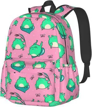 KiuLoam 17 Inch Backpack Cute Green Frogs On Pink Laptop Backpack Shoulder Bag School Bookbag Casual Daypack