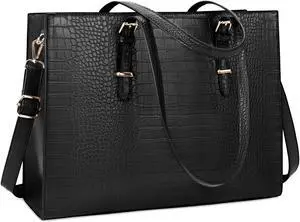 Laptop Bag for Women 15.6 Inch Laptop Tote Bag Leather Classy Computer Briefcase for Work Waterproof Handbag Professional Shoulder Bag Women Business Office Bag Large Capacity Black