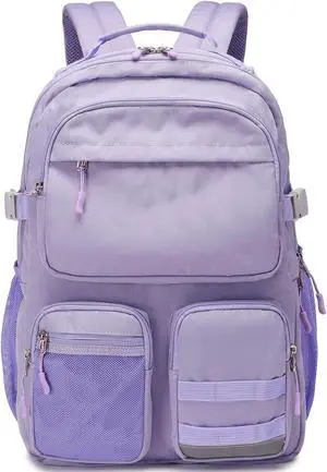 El-fmly Big Student Backpack for Teen Girls, Water Resistant Multi Pockets Daypack with 15.6 Inch Laptop pocket for Travel School College (Purple)