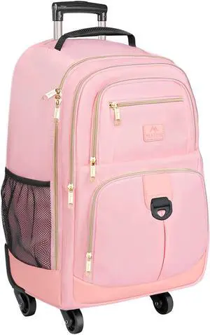 MATEIN Rolling Backpack for Women, 18 inch Roller Laptop Bag with 4 Wheels for Adult, Sturdy Wheeled Backpack Carry on Luggage, Extra Large Travel Bag Suitcase Back Pack for Work College Trips, Pink