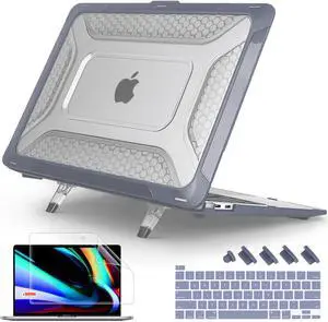 [ 2022 Honeycomb Fold Kickstand ] May Chen Compatible with MacBook Pro 16 inch Case with Touch Bar, 2019 2020 Release Model A2141, Heavy Duty Dual Layer Hard Shell Case Cover with TPU BumperSky Grey