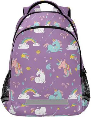 MNSRUU School Backpack with Chest Strap, Cute Unicorn Rainbow And Diamond Purple Laptop Backpack, Travel Hiking Backpack for Boys Girls, Rucksack, Knapsack One Size
