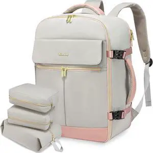 LOVEVOOK Carry On Backpack, 40L Travel Backpack Women with 3 Packing Cubes, TSA Airline Approved Suitcase Bag as Personal Item, Waterproof 17 inch Laptop Backpack for Weekender Overnight,Grey Pink