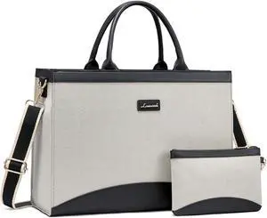 LOVEVOOK Laptop Tote Bag for Women 15.6 Inch Large Capacity Work Bag with Clutch Purse for Teacher, Jute Computer Bag for Business fits Office College Travel Black & White