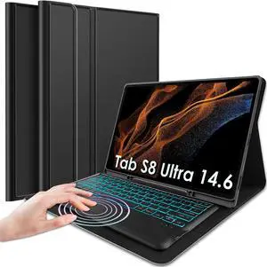 Nanhent Backlit Touchpad Keyboard Case for Samsung Galaxy Tab S8 Ultra 2022 14.6 Inch Tablet, 7 Colors Backlight Detachable Wireless Trackpad Keyboard & Slim PU Stand Cover with S Pen Holder