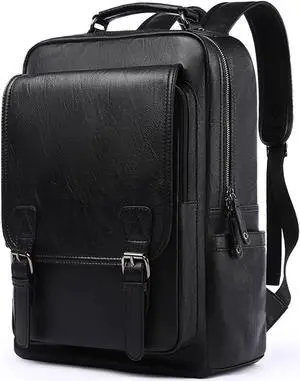 MOYYI Leather Backpack fits 15.6 Inch Laptop Vintage Backpack Waterproof Flap Bookbag for Men Leather Travel Backpack for Men Casual Knapsack Black
