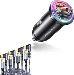 MRGLAS 4-Pack 60W USB C to USB C Cable & 90W USB C Car Charger Fast Charging [LED Multicolored] [All Metal] Cigarette Lighter Car Charger