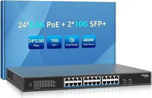 24 Port 2.5G PoE Switch Unmanaged with 24 Port 2.5Gb Base-T PoE+@400W + 2 x 10G SFP+ Uplink, NICGIGA 26 Port 2.5Gbe IEEE802.3af/at Power Over Ethernet Switch, Support WiFi6 AP, NAS, 4K PoE Camera NVR.