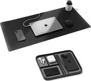 Leather Desk Mat and Valet Tray - Pebble Black - Matte Black Office Setup
