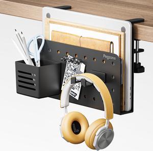 PEGZONE Desk Side Storage Organizer, No Drill Under Desk Laptop Holder, Clamp on Desk Shelf with Pegboard Accessories, Hanging Laptop Mount, Fits Flat Edge Desks 0.4" to 2.2", Black