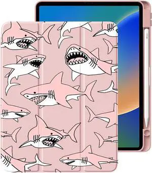 Cute Cool Shark for iPad 10th Generation Case 10.9 Inch 2022 with Pencil Holder, Foldable Pink Leather Cover Case, Support Auto Sleep Wake