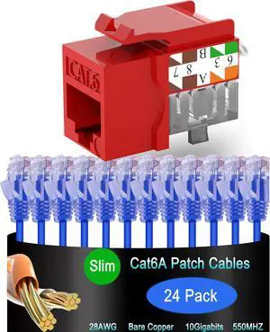Lysymixs Cat6a Slim Ethernet Patch Cable 1 ft (24 Pack) with Keystone 25 Pack