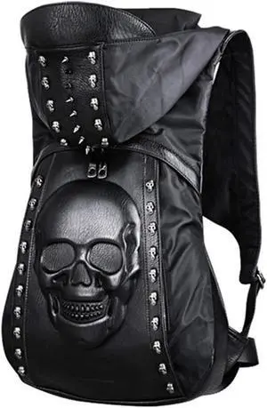 nice--buy Skull Punk Art Fashion Backpack Hooded Rivet Studded Biker Purse Gothic 3D Skull PU Leather Bookbag Python Daypack Shoulder Bag Laptop Bag