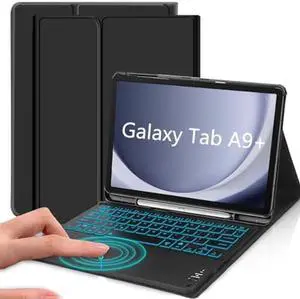 QYiiD Case with Keyboard for Galaxy Tab A9 Plus 11 inch (SM-X210/X216/X218), 7 Color Backlit, Smart Touchpad, Detachable Keyboard Synthetic Leather Cover with S Pen Holder for 11" Tab A9+ 2023, Black