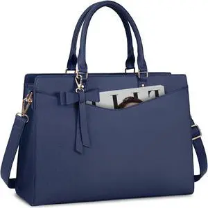 RAINSMORE Laptop Bag for Women 15.6 Inch PU Tote Bag Business Office Work Bag Waterproof Briefcase Computer Tote Lightweight Handbag Shoulder, Blue