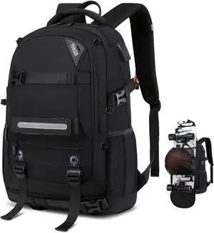 RUCYEN Skateboard Backpack, Laptop Backpack with USB Charging Port, RFID Anti-Theft Lock, Waterproof Fabric, Fits up to 15.6 Inch Laptop, for Business Travel Men (Black)