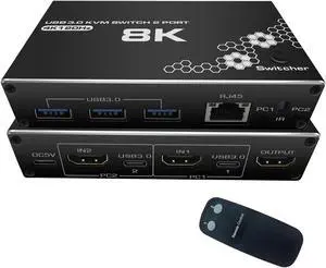 4K/120HZ HDMI KVM Switch, USB 3.0 Switcher, KVM Switcher Support 8K@30Hz, 4K/120HZ, 1080/240HZ, 2 Computers Share 3 USB Hub Keyboard Mouse Switch and 1 RJ45 Ethernet Switch with Remote Control