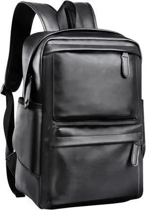 MOYYI Leather Laptop Backpack for Men Black Fit 15.6inch Laptop Backpack Simplify Rucksack Waterproof for Work Commute Casual Daypack