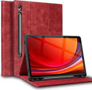 NANRUIL for Samsung Galaxy Tab S7/S8 11 inch Case with S Pen Holder 2020/2022 Model(SM-X700/X706/T870/T875/T876) Genuine Leather Cover Protective Shell,Auto Wake/Sleep.Red