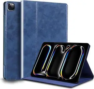 NANRUIL for Ipad Pro 11-inch Case M4 5th Gen 2024(Model:A2836/A2837) Genuine Leather Cover Protective Shell,Auto Wake/Sleep.Blue