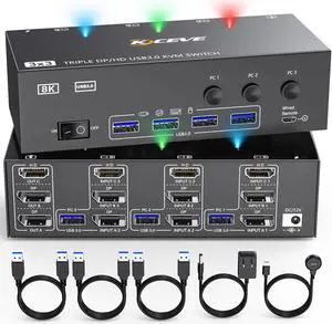 KVM Switch 3 Monitors 3 Computers, 4K@144Hz HDMI+2 Displayport KVM Swticher Support 8K@30Hz, 3 PC Triple Monitor KVM Switches, Support Extended Mode
