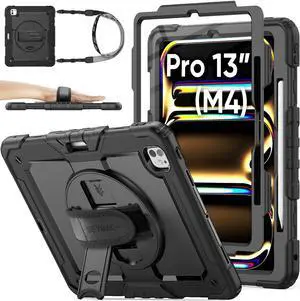 SEYMAC stock Case for iPad Pro 13 inch Case 2024 (M4), Shockproof Protective with Pencil Holder, Screen Protector, 360° Rotate Stand, Adjustable Hand Strap, Shoulder Strap, Black