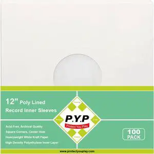 100ct 12-Inch Poly-Lined Record Inner-Sleeves - White Kraft Paper for 33 RPM LP Vinyl Record Albums, Center Hole, Heavyweight Record Jacket Covers for Vinyl Records Collection Storage