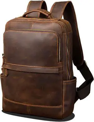 PAHVRION Vintage Genuine Leather 15.6 Inch Laptop Backpack, Hiking Travel Bag Anti Theft Camping Daypack
