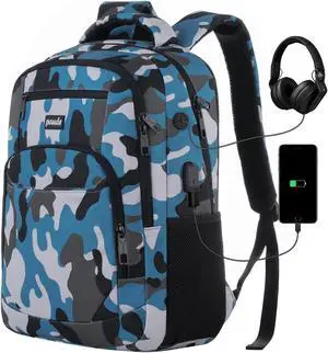 Paude Backpack for Men,College Backpack School Bookbag for Teens,Laptop Bookbag with USB Port and Headphone Hole,Camouflage Blue