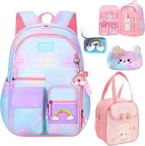 Psecoll 5Pcs Kawaii Backpack Set for Girls, Teens Bookbag Rainbow Laptop Bag Lightweight Daypack, Large Capacity School Backpack Kids Gradient Double Shoulder Backpack (Blue)