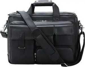 TIDING Genuine Leather Briefcase For Men 17.3 Inch Laptop Case Multi Pockets Business Travel Shoulder Messenger Bag_Black