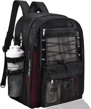 UEASE Mesh Backpack Heavy Duty for School, 30L Large Mesh Bookbag for Adults, See Through Black School Bag with Laptop Pocket for Work Swimming Beach Fitness Sport