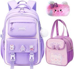 Rubytor 5PCS Kids Backpack Set Cute School Backpacks for Girls, Kawaii Teenage Laptop Bag 17in Fashion Daypack, Large Capacity Double Shoulder Backpack for Primary Elementary High School, Purple