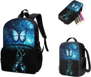 Viewamoon 3 Pieces Galaxy Butterfly Backpacks Set For Girls With Lunch Case Shoulder Strap Large Pencil Case With Pen Solt for Women Girls Black Blue Bookbag for School