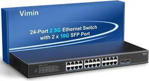 24 Port 2.5G Network Switch with 2x10G SFP, 24x 2.5G Base-T Ethernet Ports, Unmanaged Switch Compatible with 10/100/1000Mbps, 160Gbps Switching Capacity, Metal Housing, Fanless, 19-inch Rack Mount