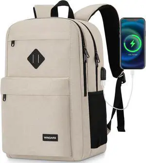 WINDARS Backpack for Men and Women, School Backpacks for Teens Boys, 15.6 Inch Laptop Bookbag Classic Computer Bag with 2 Compartment & USB Charger Port for College Work Travel Business (Beige)