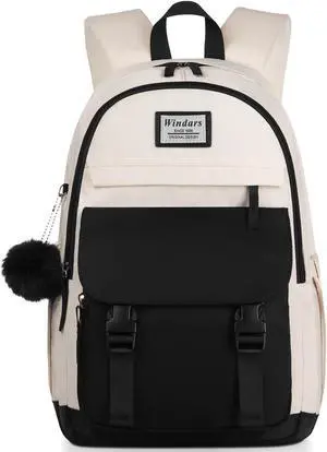 WINDARS School Backpack for Teen Girls, Cute College Backpacks for Women Students Aesthetic Bookbag Large 15.6 Inch Laptop Bag Middle School Travel Back Pack (Black Beige)