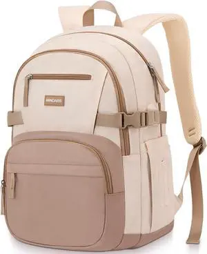 WINDARS Backpack for School Girls, Cute High School Backpacks for Teens Women Student Large Bookbag 15.6 Inch Laptop Bag with USB Charger Port for College Work Travel Trip (Khaki Beige)