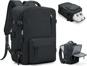 Travel Carry On Backpack for Women, Waterproof Laptop Backpack for Traveling on Airplane Hiking Gym Backpack with USB Charging Port Shoe Compartment, Black Grey