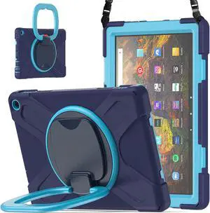 360 ° Rotation Portable Case for Fire HD 10 2023 10.1 inch Tablet, Rugged Case Rotating Stand Hand Strap Shoulder Carrying Strap Outdoor Cover,Navy+Blue