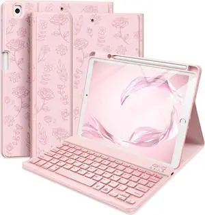 Hamile Keyboard Case for iPad 9th Generation 10.2 Inch - Backlit Wireless Detachable Folio Keyboard Cover with Pencil Holder for iPad 8th 7th Gen/iPad Pro 10.5" / iPad Air 3rd Gen (Pink Rose)