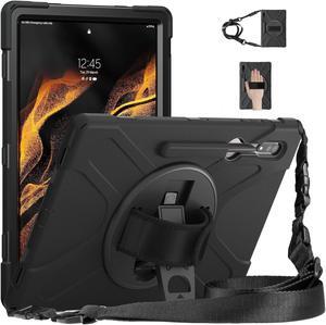 Shockproof Case for Galaxy Tab S8 Ultra 14.6 Inch 2022, Heavy Duty Rugged Cover with 360 Rotating Hand Belt Shoulder Strap S Pen Holder for Samsung Tab Ultra 14.6'' Tablet, Black