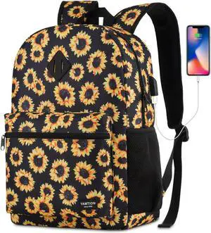 YAMTION School Backpack,Sunflower Bookbag Men and Teen Boy Schoolbag with USB Charging Port for High School College Office Work Travel
