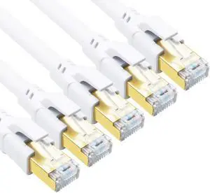 CAT 8 Ethernet Cable, 15ft (5 Pack) Ultra High Speed 40Gbps 2000MHz SFTP 26AWG CAT8 Cable LAN Internet Network Cord with Gold Plated RJ45 Connector for Gaming, Router, Modems, PC (15ft/5 Pack/White)