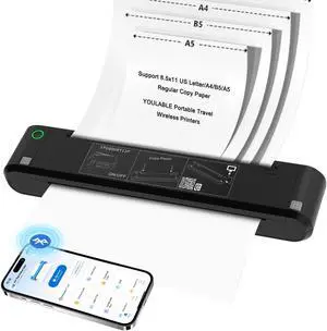 YOULABLE Portable Printers Wireless for Travel - 320 DPI Bluetooth Thermal Printer Support 8.5x11 US Letter & A4 Regular Copy Paper, Inkless Printer Compatible with Mobile & Laptop for Office Home