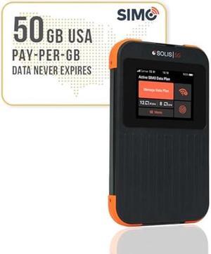 SIMO Solis 5G WiFi Mobile Hotspot + 50GB US Data Card, Local and International Coverage Router, Multi-Carrier Access, No Contract or SIM Card Required, 16 Connected Devices, 1GB/Month Lifetime Data