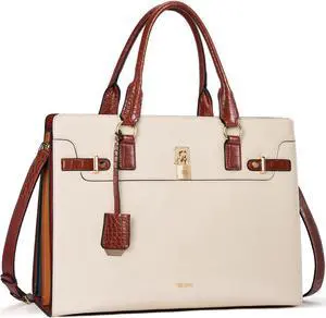 Telena Womens Leather Laptop Bag Shoulder Tote Work Briefcase for Women Large Capacity Handbag Brown with Beige